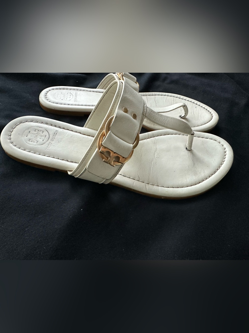 Tory Burch White  Leather Thong Sandals with Gold Buckle